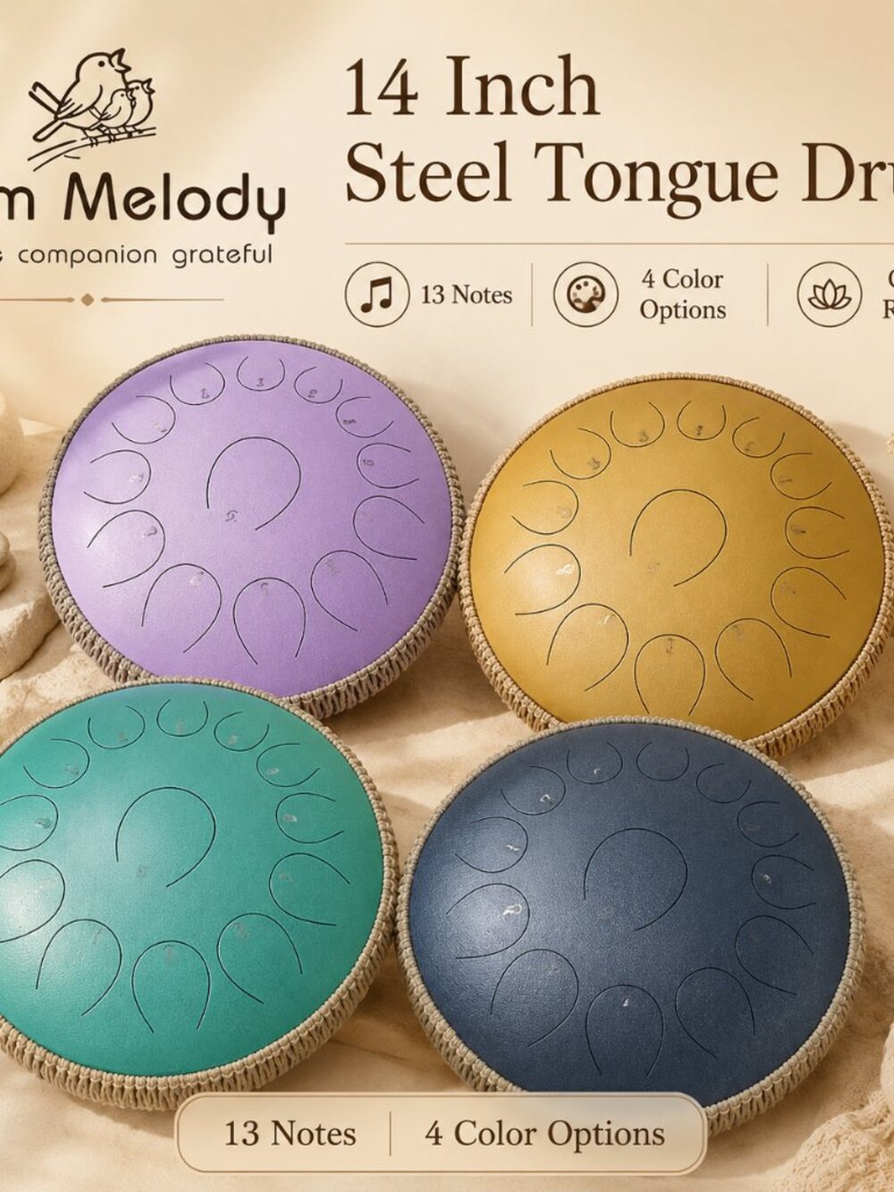Gold Steel Tongue Drum 14" 13 Notes | Meditation, Yoga & Relaxing Sound Gift - Picture 3 of 10